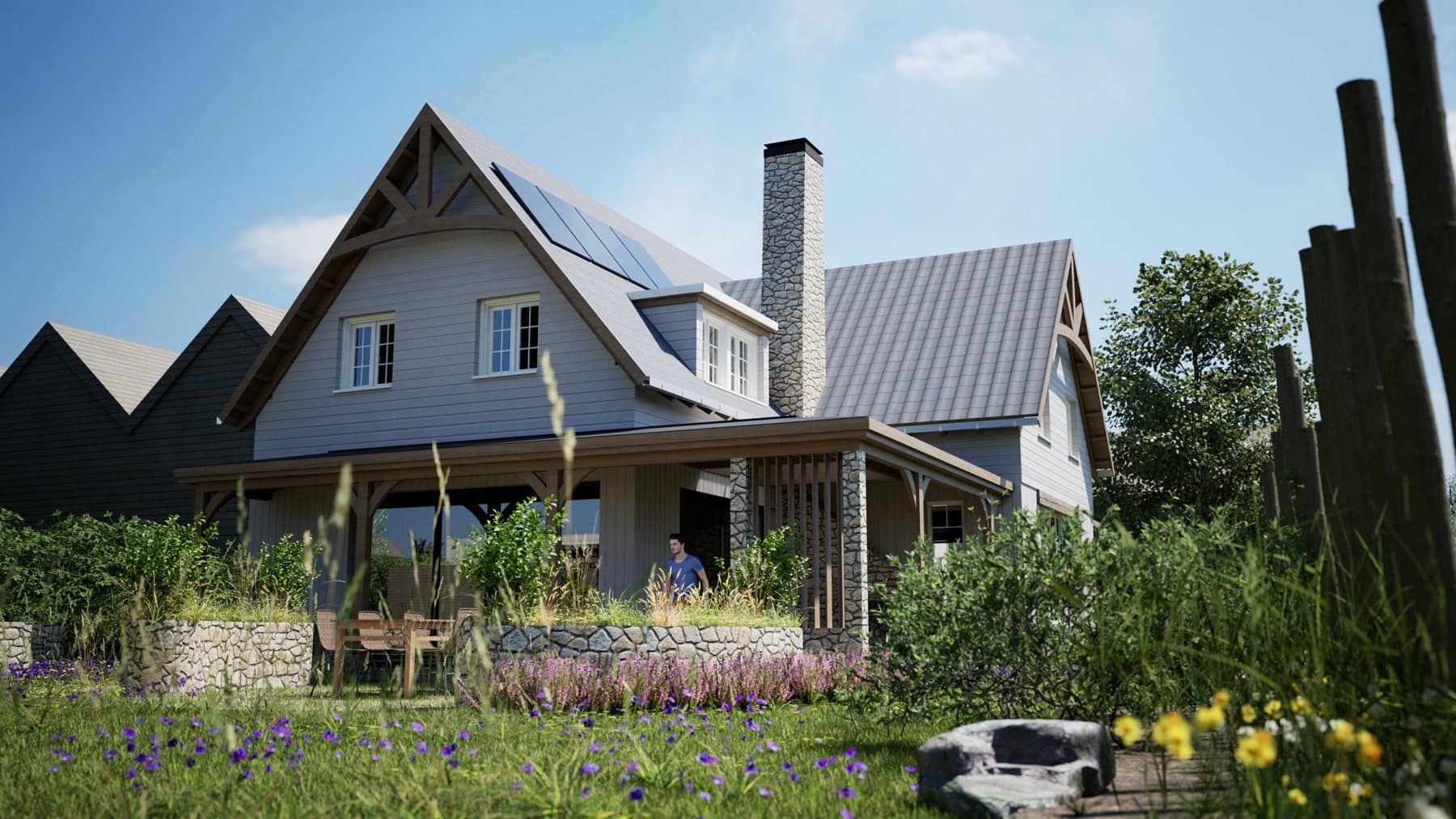 Render van de nieuwe villa in Waddinxveen, met veranda en natuurlijke tuin